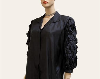 Uniquely Elegant Black Silk Blouse with Ruffled Sleeves Size Large
