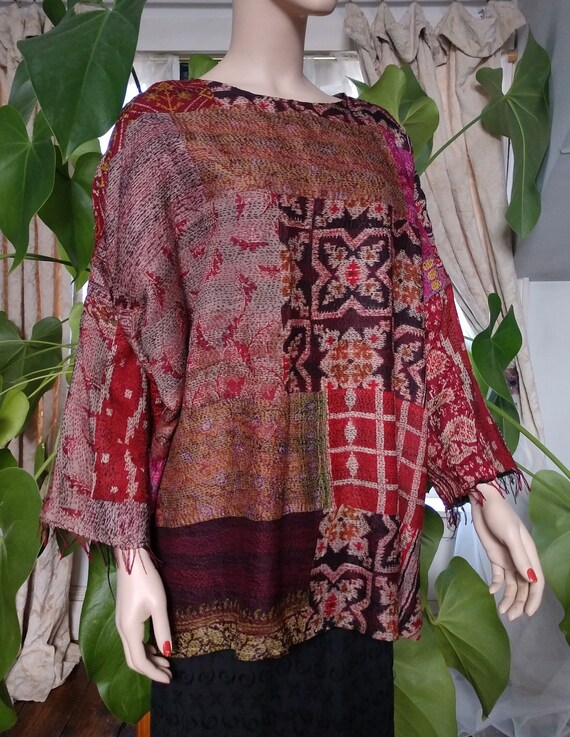 Indian Vintage Silk Tunic with Totally Hand Stitc… - image 2