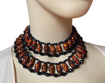 Miriam Haskell Rare Beaded Orange and Black Necklace