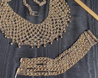 Vintage Egyptian Mesh and Filigree Bib Necklace and Bracelet