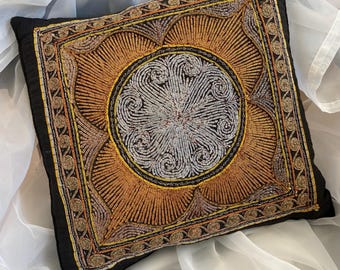 Vintage Throw Pillow Embroidered Throughout in Exquisite Metallic Designs