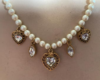 1920 Co. Pearl Choker with Dangling Hearts