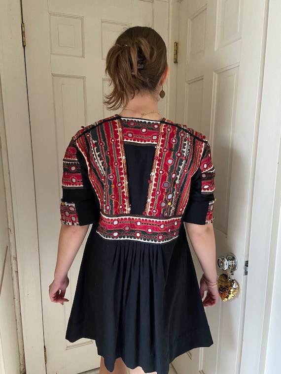 Loose Cotton Tunics Indian Personality Rectangular Frame Spliced Black Dress main image 1