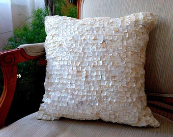 White Silk and Mother of Pearl Beaded Pillow