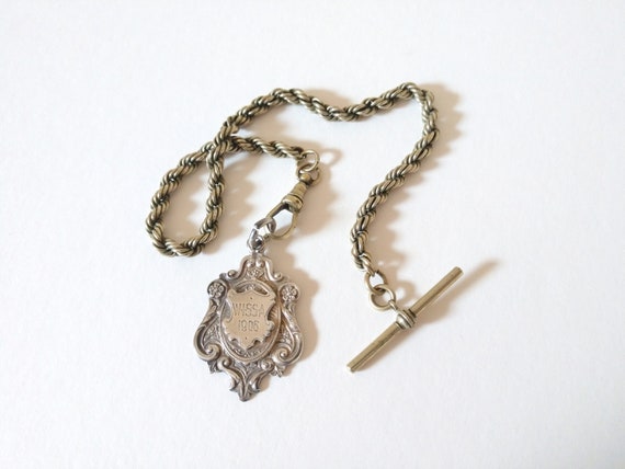 Victorian Engraved Fob Pendant with Chain - image 1