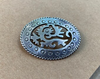 Mexican Sterling Oval Tribal Bird Brooch