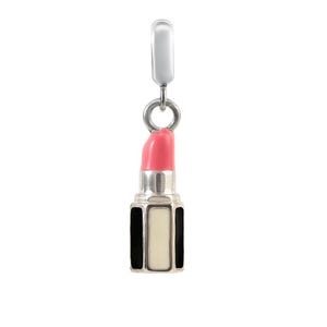 925 Silver Lipstick Charm | Pink & Black Enamel Makeup Pendant for Bracelet