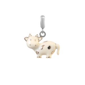 925 Silver Cow Charm White Enamel Animal Pendant | Cute Mini Cow for Bracelet