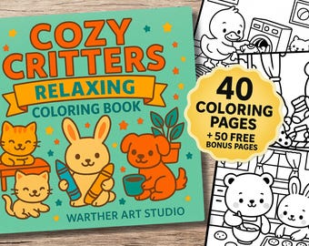 Cozy Critters – Relaxing Coloring Book for Adults & Teens | 40 Cute Animals to Color | Printable PDF | 8.5" Square Format
