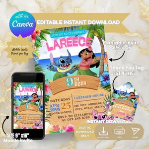 Custom Printable Editable Stitch Invitation, Lilo And Stitch Birthday Invite, Stitch Party Invite Template, Stitch Birthday Girl Canva Edit