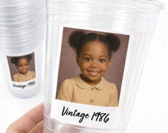 Personalized Photo Party Cups: Custom Text, 16oz Plastic Cups with Lid Option