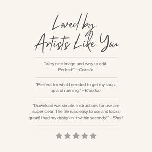 May include: Cream-coloured graphic with the text "Loved by Artists Like You" in a handwritten font. Below are three customer testimonials with quotes about the image's ease of use and quality. Four stars are visible.