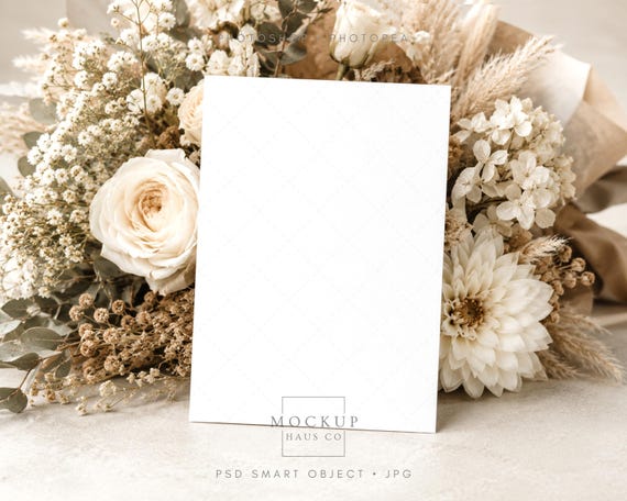 Wedding Invitation Mockup PSD 5x7 Invite Card Mock up Bridal Shower Floral Bouquet Scene