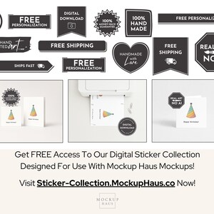 May include: An assortment of black and white graphic elements, including banners with text like "Free Shipping" and "Digital Download." The image also features birthday cards with a party hat design and the text "Happy Birthday!"