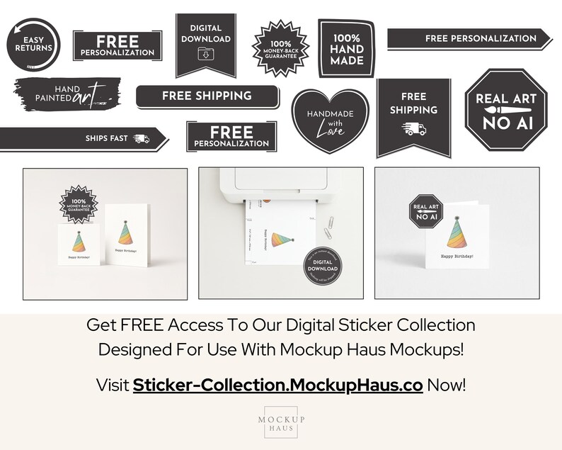 May include: An assortment of black and white graphic elements, including banners with text like "Free Shipping" and "Digital Download." The image also features birthday cards with a party hat design and the text "Happy Birthday!"