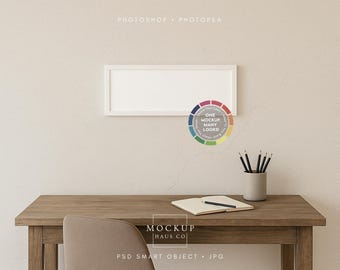 Office Panoramic Mockup PSD Horizontal 3x1 Frame Mockup Wide Landscape Desk Wall Art Panoramic Frame Mockup | Make Frame and Wall Any Color!