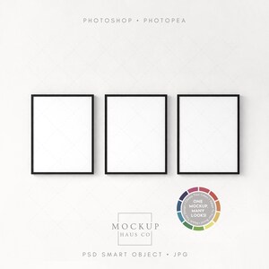May include: Three black framed rectangular art prints with white interiors are displayed against a white background. The image includes the text "Photoshop Photpea", "Mockup Haus Co", and "PSD Smart Object JPG". A color wheel graphic is also present.