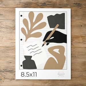 May include: A white 8.5x11 inch paper sheet with three-hole punches, featuring a graphic illustration of a tan leaf, a black abstract shape, a black hand holding a pencil, a white note with wavy lines, a black vase, and a tan abstract figure.
