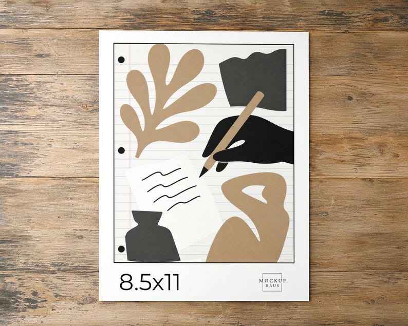 May include: A white 8.5x11 inch paper sheet with three-hole punches, featuring a graphic illustration of a tan leaf, a black abstract shape, a black hand holding a pencil, a white note with wavy lines, a black vase, and a tan abstract figure.