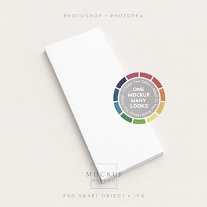 May include: A stack of white rectangular cards, slightly angled, against a light background. A circular graphic with the text "ONE MOCKUP, MANY LOOKS!" and a color wheel is on the right. The words "PHOTOSHOP" and "PHOTOPEA" are at the top.
