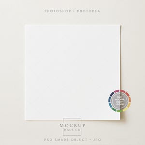 May include: A square white card with a subtle diamond pattern, set against a neutral background. The text "PHOTOSHOP • PHOTOPEA" is at the top, and "MOCKUP HAUS CO" and "PSD SMART OBJECT • JPG" are at the bottom. A color wheel is in the corner.