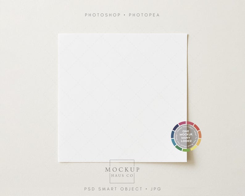 May include: A square white card with a subtle diamond pattern, set against a neutral background. The text "PHOTOSHOP &bull; PHOTOPEA" is at the top, and "MOCKUP HAUS CO" and "PSD SMART OBJECT &bull; JPG" are at the bottom. A color wheel is in the corner.