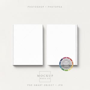 May include: Two white hardcover books are displayed on a light background. The books are positioned side-by-side, with a color wheel graphic in the lower right corner. The text "Photoshop • Photopea" is at the top, and "Mockup Haus Co" and "PSD Smart Object • JPG" are at the bottom.