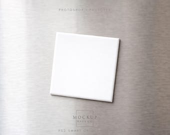Fridge Magnet Mockup PSD | Square Hardboard Refrigerator Magnet Mock Up | Smart Object