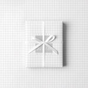 May include: A wrapped gift with white grid paper and a white satin ribbon tied in a bow. The gift is centered on a white grid background. The text "JPG PSD MOCKUP" is visible on the gift.