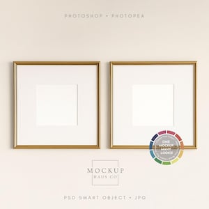 May include: Two square gold-framed mockups with white matting. The frames are displayed on a neutral background. The top of the image reads "PHOTOSHOP • PHOTOPAE". The bottom of the image reads "MOCKUP HAUS CO" and "PSD SMART OBJECT • JPG".