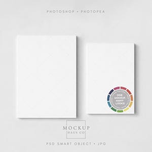 May include: Two blank white rectangular paper mockups of different sizes. The smaller mockup features a circular color wheel graphic with the text "ONE MOCKUP, MANY LOOKS!" and "Choose Your Colors, Adapt To Your Brand, Match Your Brand".