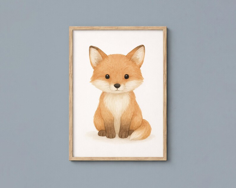 May include: A framed watercolor print of a cute fox. The fox has orange and white fur, large black eyes, and is sitting upright. The artwork is in a light brown wooden frame, perfect for a nursery or children's room.