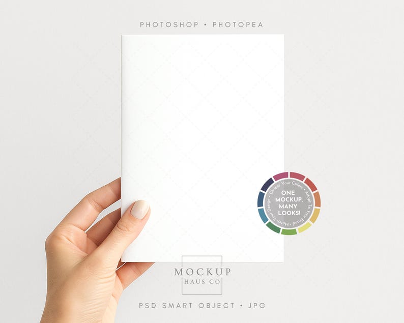 May include: A white card held by a hand, with the text "PHOTOSHOP &bull; PHOTOPEA" at the top. A colour wheel with the text "ONE MOCKUP, MANY LOOKS!" is on the right. The bottom has the text "MOCKUP HAUS CO" and "PSD SMART OBJECT &bull; JPG".