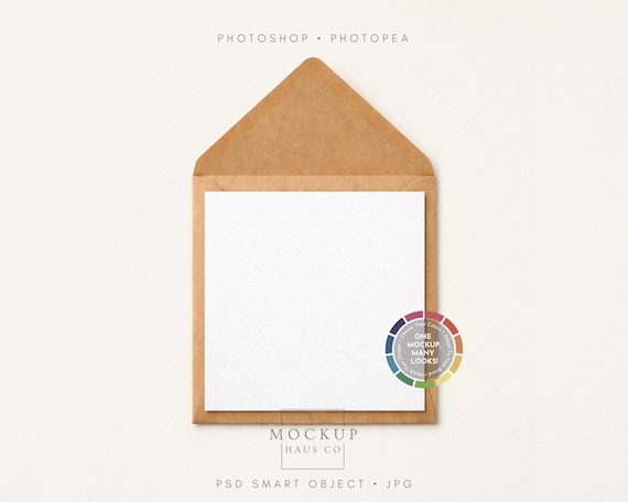 Square Card Mockup With Kraft Envelope PSD | Neutral Birthday/Thank You | Change Background Color!