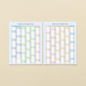 May include: Two annual planner sheets for 2025 are displayed. Each planner has a light blue border and features a grid layout with months and dates. The text "ANNUAL PLANNER 2025" is at the top of each sheet. The grid uses color-coding.