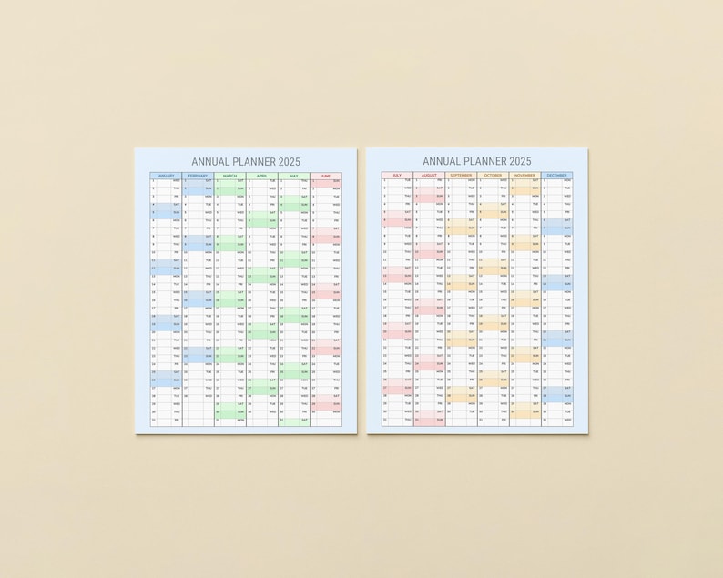 May include: Two annual planner sheets for 2025 are displayed. Each planner has a light blue border and features a grid layout with months and dates. The text "ANNUAL PLANNER 2025" is at the top of each sheet. The grid uses color-coding.
