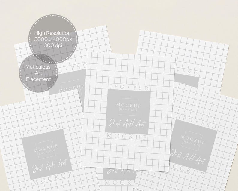 May include: A mockup image showing multiple white papers with a grid pattern. Each paper has a grey square with the text "MOCKUP" and "Just All Art". Two grey circles display the text "High Resolution" and "Meticulous Art Placement".