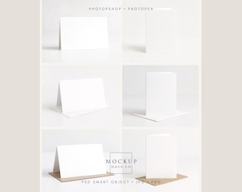Paquete de maquetas de tarjetas 5x7: 6 plantillas PSD limpias de maquetas de tarjetas de felicitación plegadas, tarjetas verticales y horizontales con sobre blanco Kraft / 001