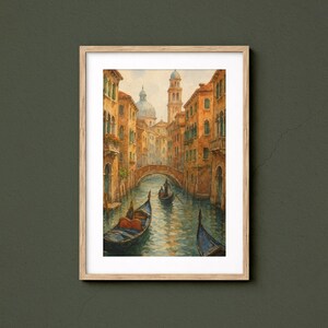 May include: Watercolor painting of a Venetian canal scene. The artwork depicts gondolas on the water, buildings with arched windows, and a bridge. The color palette includes warm tones of orange, brown, and blue, framed in a light wood frame.