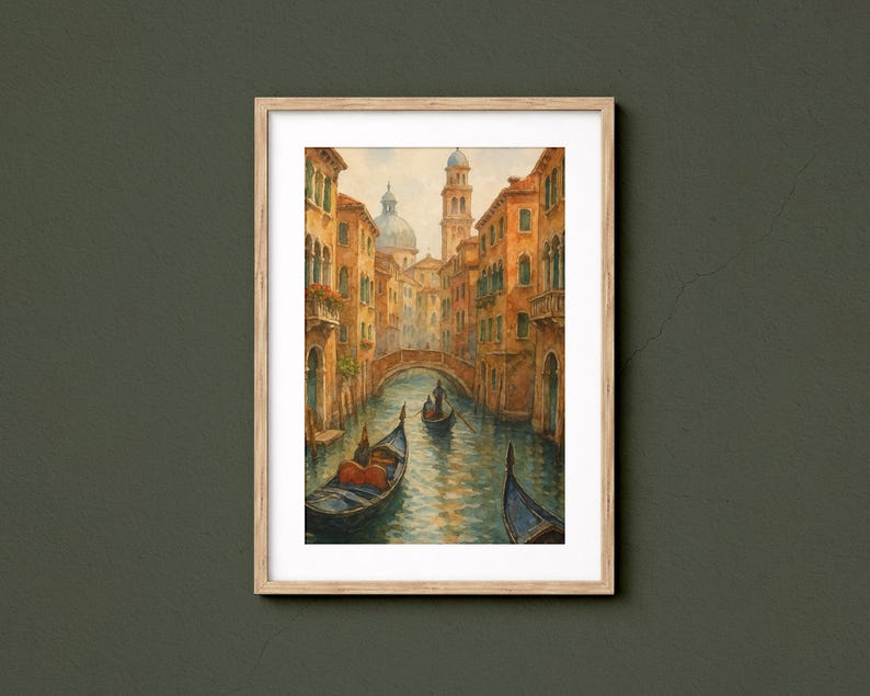 May include: Watercolor painting of a Venetian canal scene. The artwork depicts gondolas on the water, buildings with arched windows, and a bridge. The color palette includes warm tones of orange, brown, and blue, framed in a light wood frame.