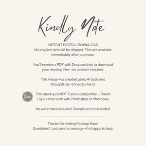 May include: Cream-colored digital download information sheet with the words "Kindly Note" in elegant script. The text details the instant digital download process, including no physical item, Dropbox links, and Canva compatibility.