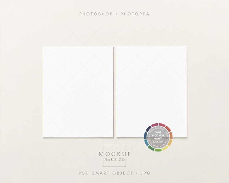 May include: Two white rectangular mockups with a subtle diamond pattern, set against a neutral background. The top of the image reads "PHOTOSHOP &bull; PHOTOPEA". A color wheel with the text "ONE MOCKUP, MANY LOOKS!" is in the lower right corner. The bottom of the image reads "MOCKUP HAUS CO" and "PSD SMART OBJECT &bull; JPG".