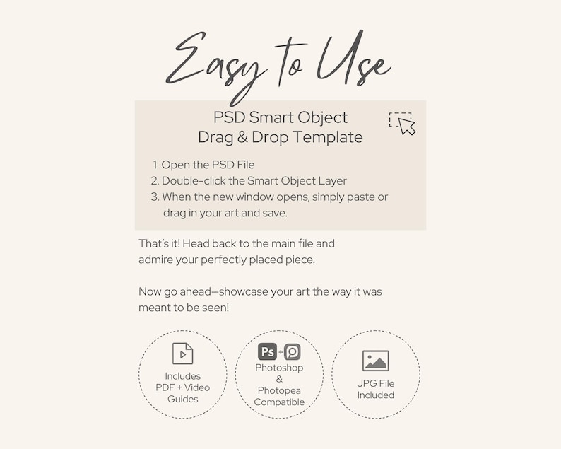 May include: A beige graphic with the text "Easy to Use" in a handwritten font. The image details a PSD Smart Object Drag & Drop Template, with instructions and icons indicating PDF guides, Photoshop compatibility, and JPG file inclusion.