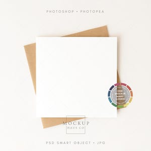 May include: A white square card and a brown envelope. The image includes the text "MOCKUP HAUS CO" and "PSD SMART OBJECT . JPG". A colour wheel graphic with the text "ONE MOCKUP MANY LOOKS" is on the right.