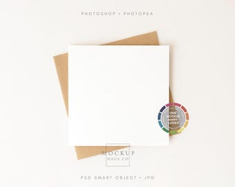 Square Card Mockup PSD Square Greeting Card Mockup With Kraft Envelope | Any Color Background!