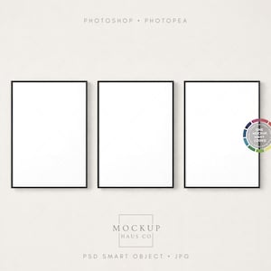 Può includere: Tre mockup rettangolari con cornice nera e interni bianchi sono esposti su uno sfondo neutro. La parte superiore dell'immagine recita "PHOTOSHOP • PHOTOPAE". Una ruota dei colori è a destra. La parte inferiore dell'immagine recita "MOCKUP HAUS CO" e "PSD SMART OBJECT • JPG".
