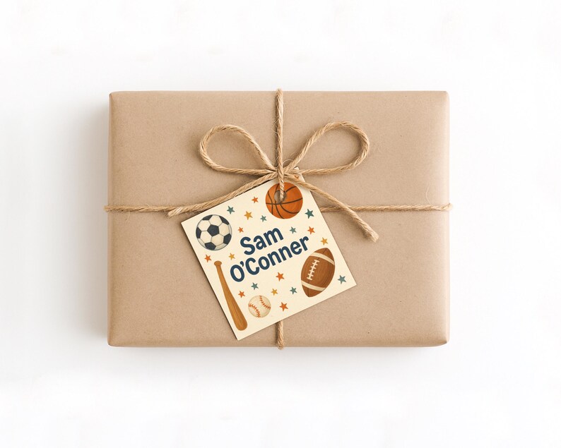 May include: A brown paper-wrapped gift tied with twine and a bow. A tag featuring sports illustrations of a football, basketball, baseball bat, baseball, and a soccer ball is attached. The tag reads "Sam O'Conner".