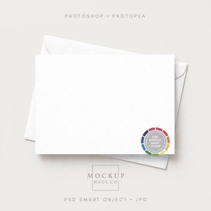 May include: A white stationery mockup showing a folded card and envelope, with a subtle diamond pattern. The card is layered over the envelope. The image includes the text "Photoshop Photopea" and "Mockup Haus Co."