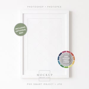 May include: A vertical white picture frame with an optional mat. Text at the top reads PHOTOSHOP • PHOTOPEA. A green circle states INCLUDES OPTIONAL MAT. A multicolored circular graphic reads ONE MOCKUP, MANY LOOKS! Bottom text reads MOCKUP HAUS CO and PSD SMART OBJECT • JPG.