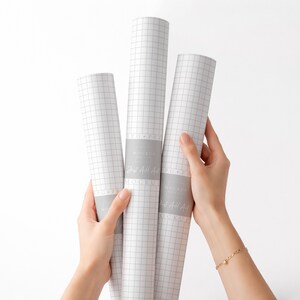 May include: Three rolls of white grid paper are held by hands against a white background. Each roll is wrapped with a gray band that has text on it. The grid paper is a light gray color.